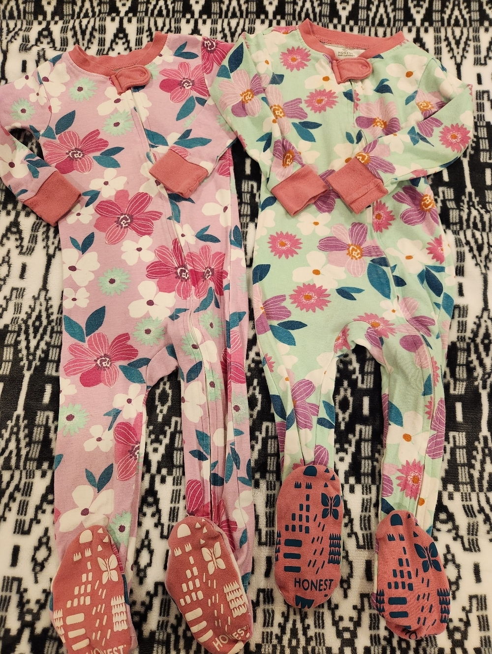Honest Company Floral Footed One-Piece Set - Pink & Mint, Size 24M